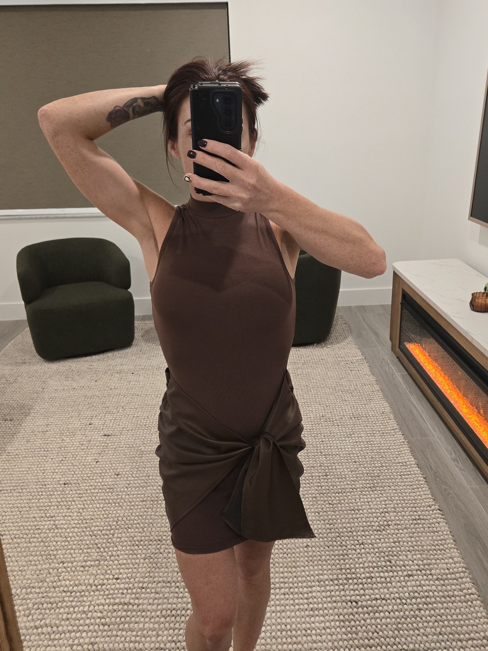 MICAS Faux Leather Wrap Mini Dress Dark Brown – NWT - SMALL